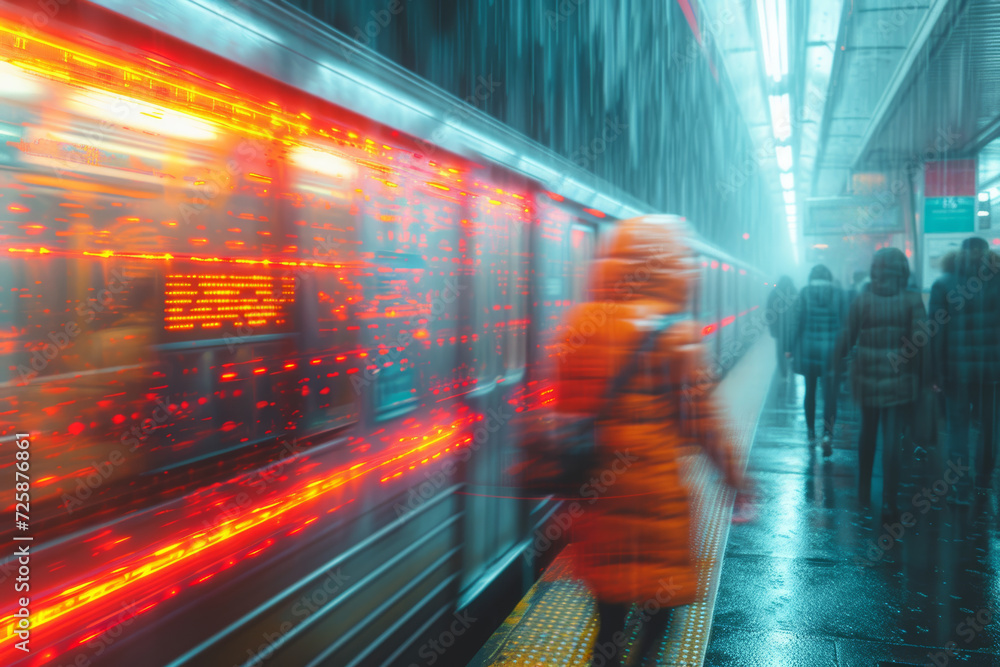 Poster a group of commuters on a train platform, their faces hidden by the blur of motion as they navigate 