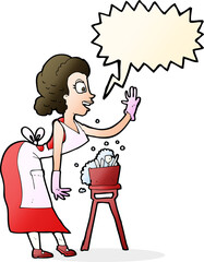 cartoon housewife washing up with speech bubble
