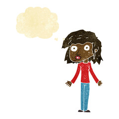 cartoon girl shrugging shoulders with thought bubble