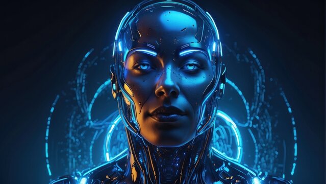 futuristic illustration of human face of cyborg character in glowing blue neon colors  blue background.  generative, ai.