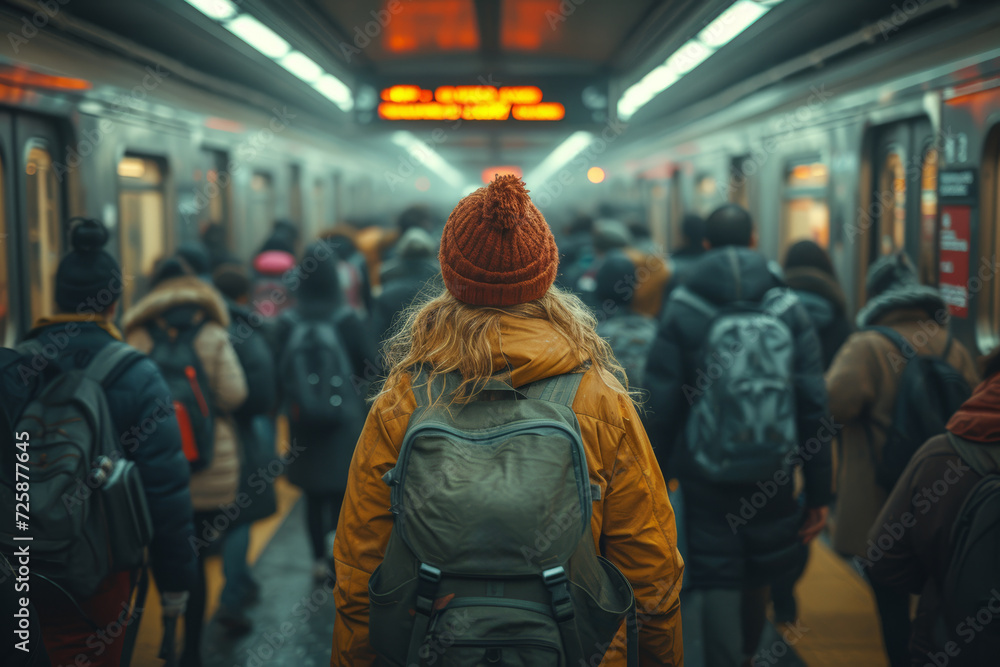Poster a crowded subway station during rush hour, capturing the collective movement without highlighting in