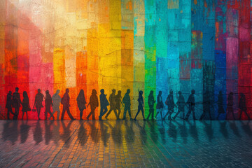Shadows of people cast on a colorful mural, their faces hidden but their presence contributing to the lively urban art scene. Concept of anonymous contributions to street art. Generative Ai.