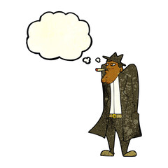 cartoon man in hat and trench coat with thought bubble