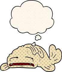 cartoon sad old fish and thought bubble in comic book style