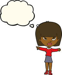 cartoon woman pointing with thought bubble