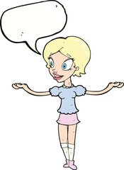 cartoon woman with arms spread wide with speech bubble