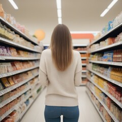Back view of caucasian woman choosing products in grocery store
