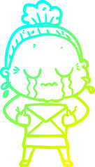 cold gradient line drawing cartoon old woman crying with letter