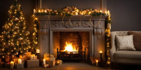 Cozy brown living room with a fireplace, adorned with a beautifully decorated Christmas tree,...