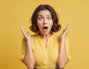 Young woman wearing yellow blouse shocked with surprise