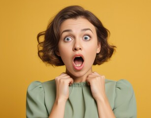 Young woman wearing green t-shirt shocked with surprise