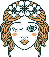 tattoo style icon of a maidens face winking