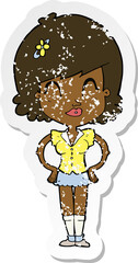 retro distressed sticker of a cartoon happy woman