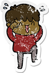 distressed sticker of a cartoon laughing boy