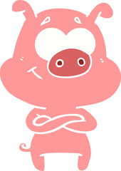 happy flat color style cartoon pig