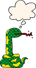 cartoon hissing snake and thought bubble in comic book style