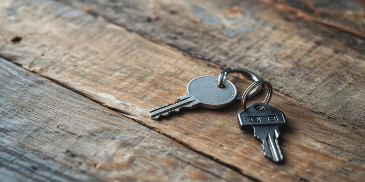 House keys with house figure on wooden background.
