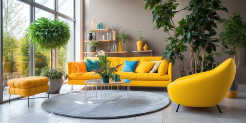 Bright living room with yellow seating furniture.