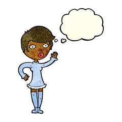 cartoon pretty woman waving with thought bubble