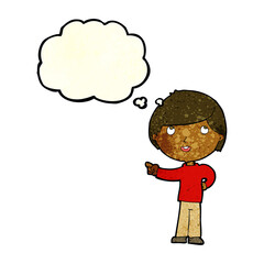 cartoon boy pointing with thought bubble
