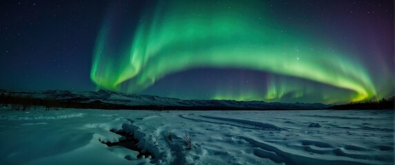 Green Aurora Borealis over Snow covered Terrain. Beautiful Northern Lights Banner with copy-space.  generative, ai.