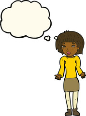 cartoon woman shrugging shoulders with thought bubble