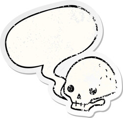 cartoon spooky skull and speech bubble distressed sticker