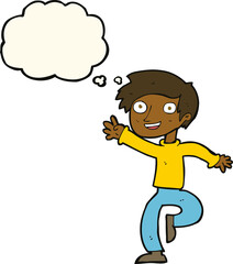 cartoon excited boy dancing with thought bubble