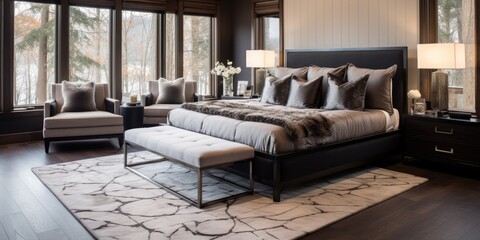 Master bedroom design featuring luxurious furniture, wooden floors, and contemporary carpeting.