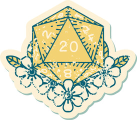 natural 20 D20 dice roll with floral elements illustration