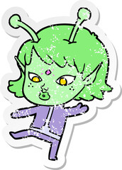 distressed sticker of a pretty cartoon alien girl