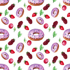 Seamless pattern donut, berries, 
mint leaves. Watercolor illustration. 
Art for design