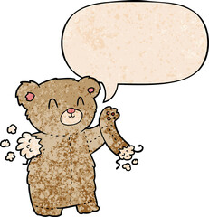 cartoon teddy bear and torn arm and speech bubble in retro texture style