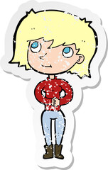 retro distressed sticker of a cartoon friendly woman