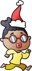 gradient cartoon of a woman wearing spectacles wearing santa hat