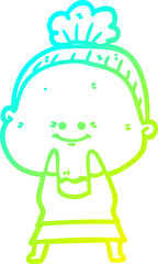 cold gradient line drawing cartoon happy old woman