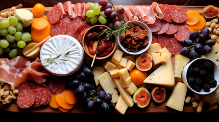 Top down view of cheese products, fruits and sausages, ham, grapes, nuts, figs, tomato sauce ketchup, tomatoes, sweet potatoes, blackberries