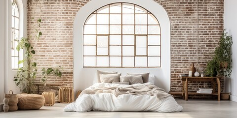 Pallet bed in loft bedroom with white brick wall and large arched window. - obrazy, fototapety, plakaty