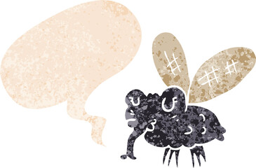 cartoon fly and speech bubble in retro textured style