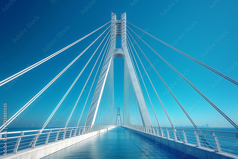 Poster an image of a suspension bridge with its cables creating an intricate geometric web against a blue s
