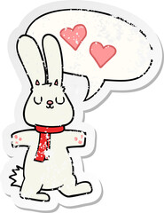 cartoon rabbit in love and speech bubble distressed sticker