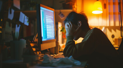 Erschöpfte Person arbeitet spät in einem abgedunkelten Raum vor einem Computerbildschirm - obrazy, fototapety, plakaty