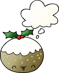 cute cartoon christmas pudding and thought bubble in smooth gradient style