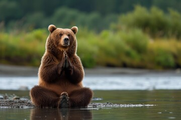 Obraz premium Embrace tranquility with this whimsical image of a grizzly bear striking a yoga pose, exuding peaceful meditation in a serene natural setting