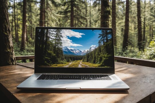 A laptop surrounded in beautiful nature while showing the nature as an image in the laptop screen