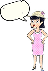 comic book speech bubble cartoon woman wearing sun hat