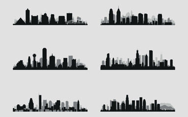 Set of cityscapes. Silhouettes of buildings. 6 pieces. Vector on a gray background
