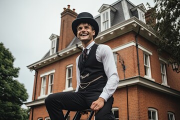 young chimney sweep on the background of a house with chimneys