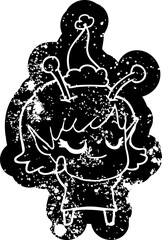 smiling alien girl cartoon distressed icon of a wearing santa hat