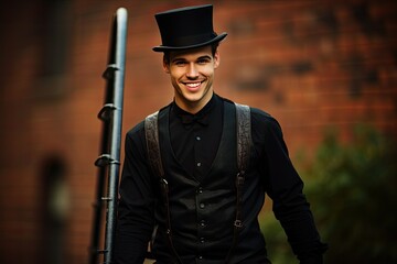chimney sweep with a ladder on the background of a brick wall